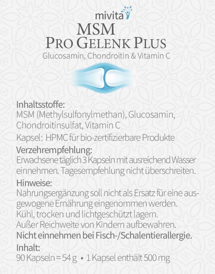 MSM Pro Gelenk Plus Etikett Inhaltsstoffe