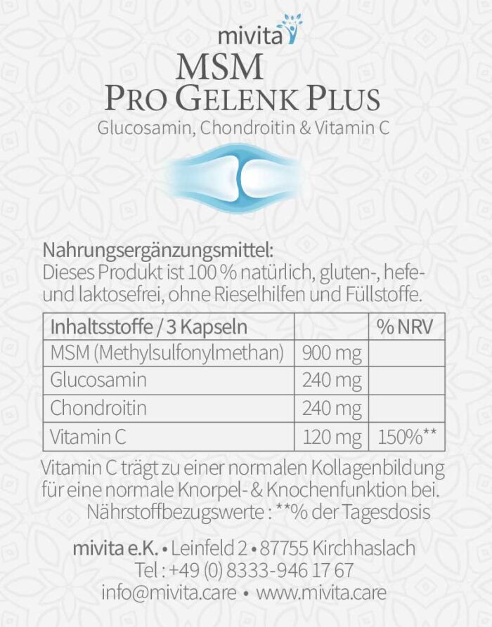 MSM Pro Gelenk Plus Etikett Nährwertangaben